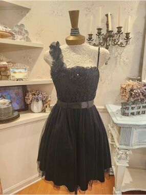 Jodi Kristopher Black One Shoulder Y2K Lace Tulle Homecoming Party Dress Size 9